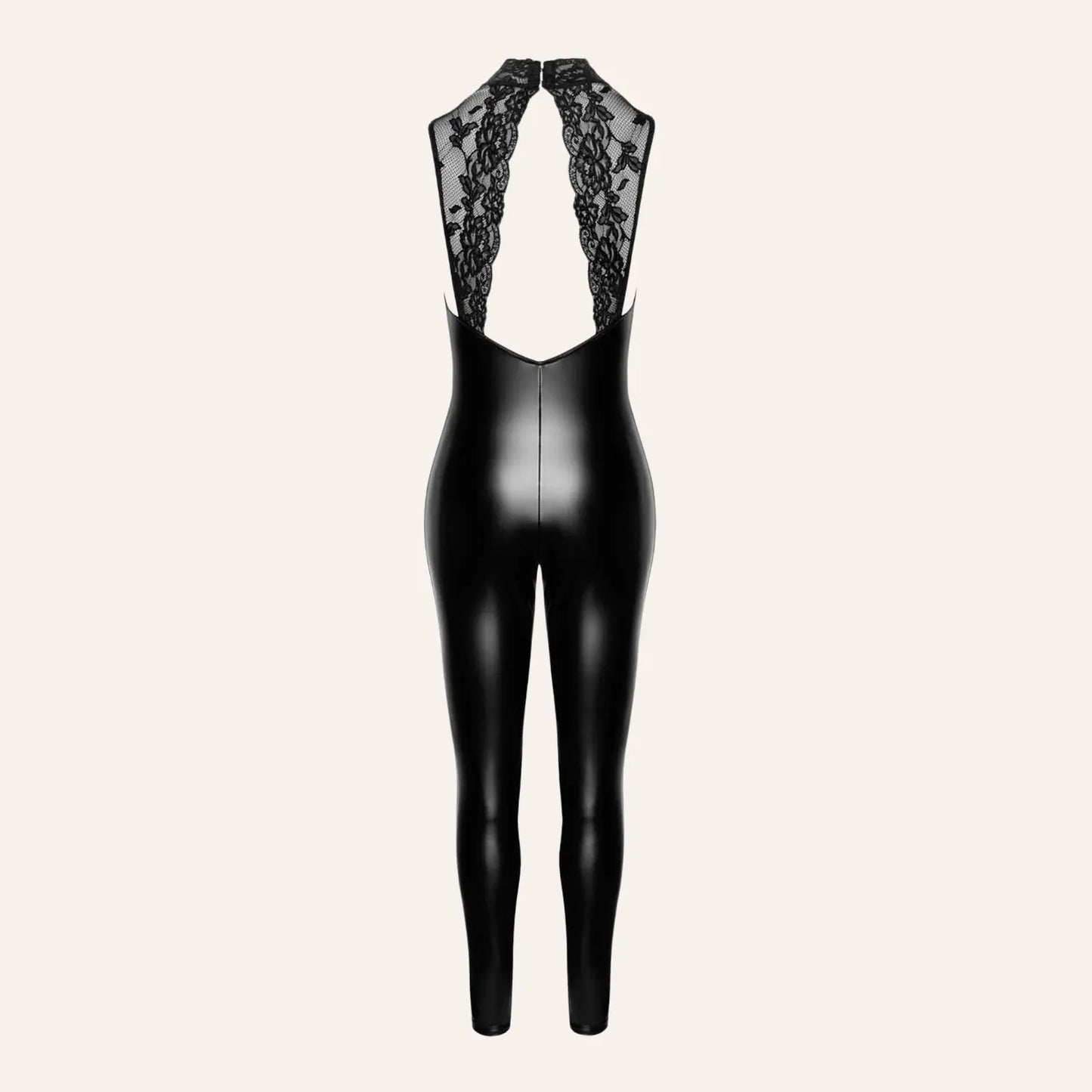 Vue produit de la combinaison Pandora F342 dos nu, en tissu wetlook noir et dentelle ajourée au dos. Une création sexy signée Pandora, disponible sur la boutique Oh My God'Z, pensée pour compléter les plaisirs intimes avec sextoys élégants et haut de gamme.