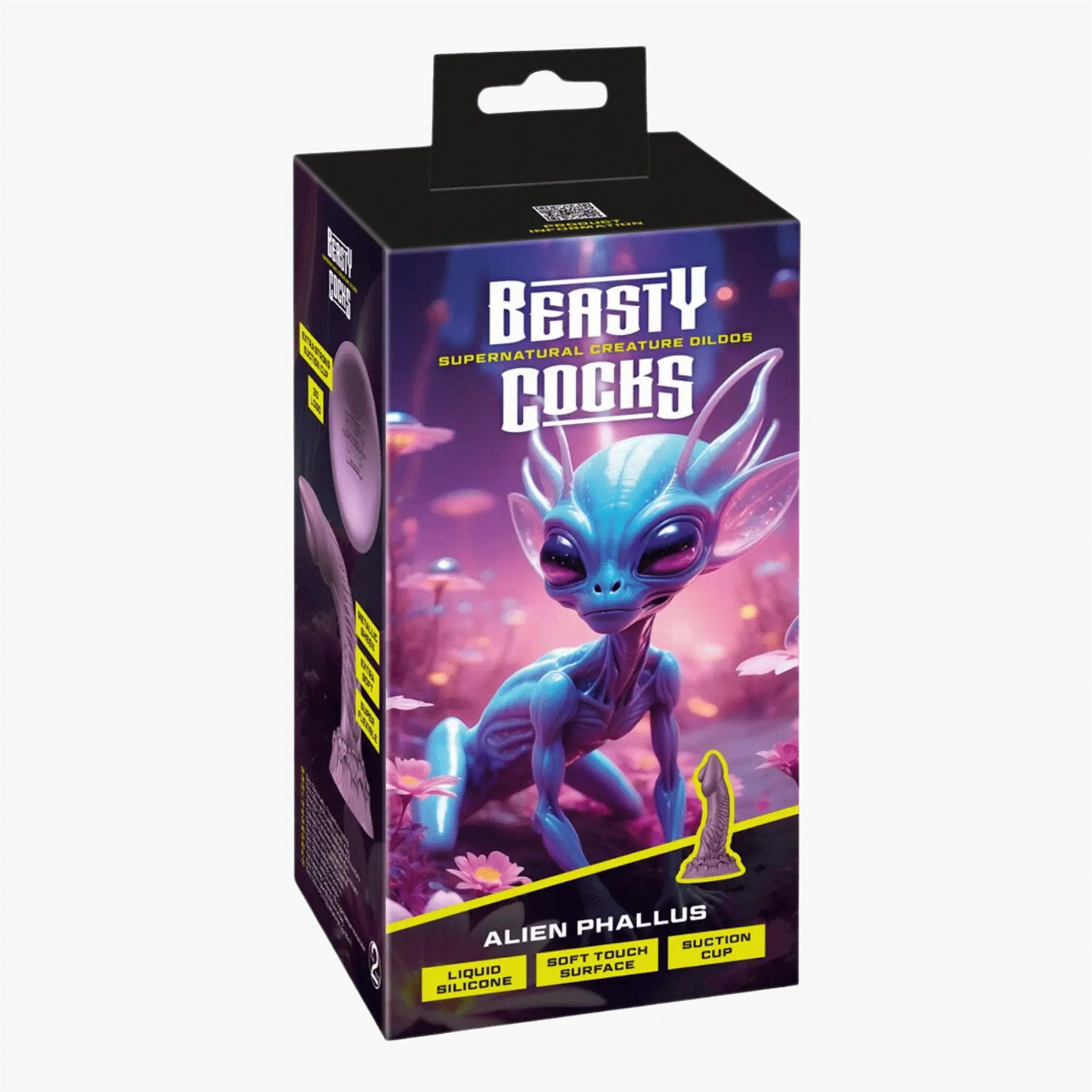 Packaging du gode Alien Phallus – Beasty Cocks, un sextoy inspiré des créatures de l’espace. Disponible chez Oh My God'Z, ce dildo en silicone liquide propose une surface douce, une ventouse solide et une expérience sensorielle inédite pour les amateurs de sextoys fantasy.