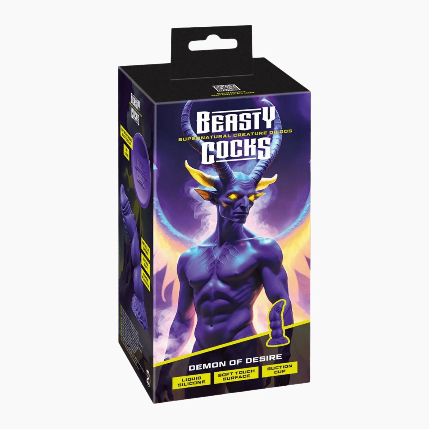 Emballage du gode Demon of Desire – Beasty Cocks, un sextoy inspiré des créatures démoniaques, disponible chez Oh My God'Z. Conçu en silicone liquide avec une surface ultra-douce et une ventouse puissante, ce dildo fantasy offre une expérience sensorielle unique.