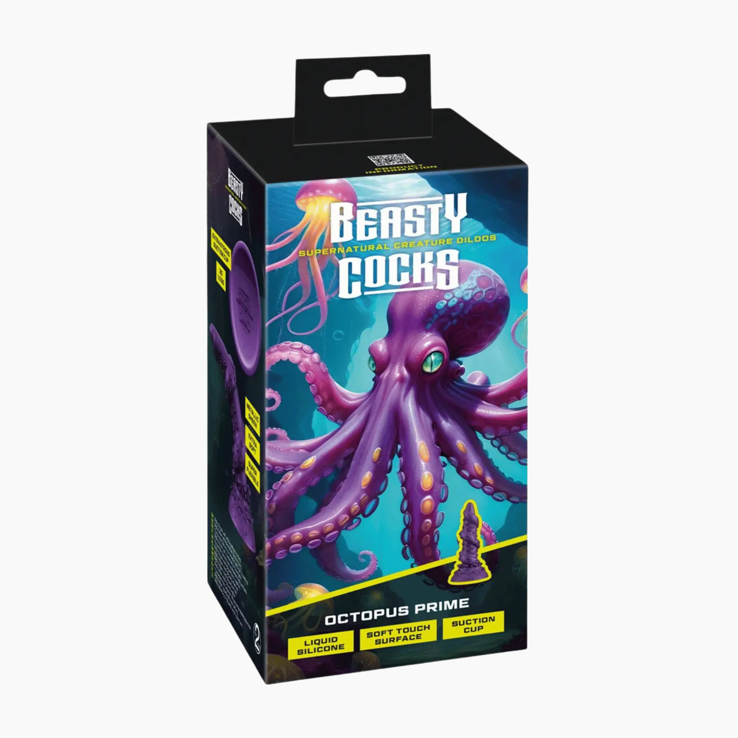 Emballage du gode Octopus Prime – Beasty Cocks, un sextoy inspiré des profondeurs océaniques, disponible sur Oh My God'Z. Ce dildo en silicone liquide, doté d’une ventouse puissante, est conçu pour offrir des sensations inédites grâce à sa texture réaliste et immersive.