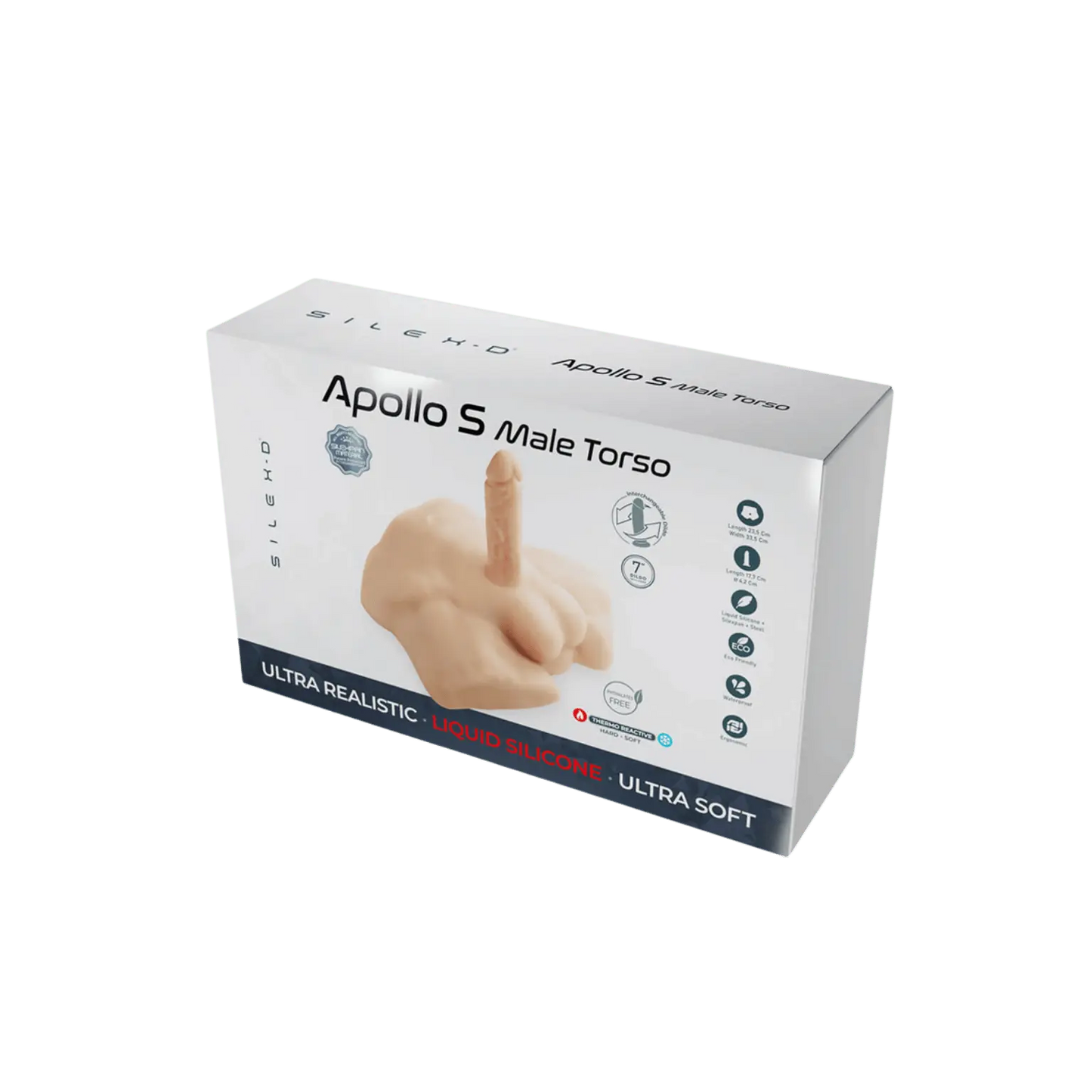 Vue de l’emballage du masturbateur haut de gamme Apollo S Male Torso de la marque SilexD, proposé par la boutique Oh My God’Z. Sextoy masculin ultra réaliste en silicone liquide, conçu pour une expérience sensorielle d’un réalisme incomparable.