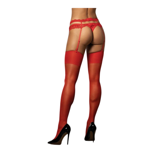 Bas rouge autofixant pour jarretière, élastique en nylon, vue de dos sur modèle - Oh My God'Z