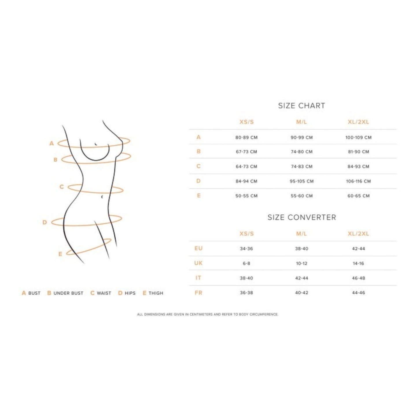 Guide des tailles pour body Obsessive avec mesures buste, taille, hanches et correspondances EU UK IT FR - Oh My God'Z