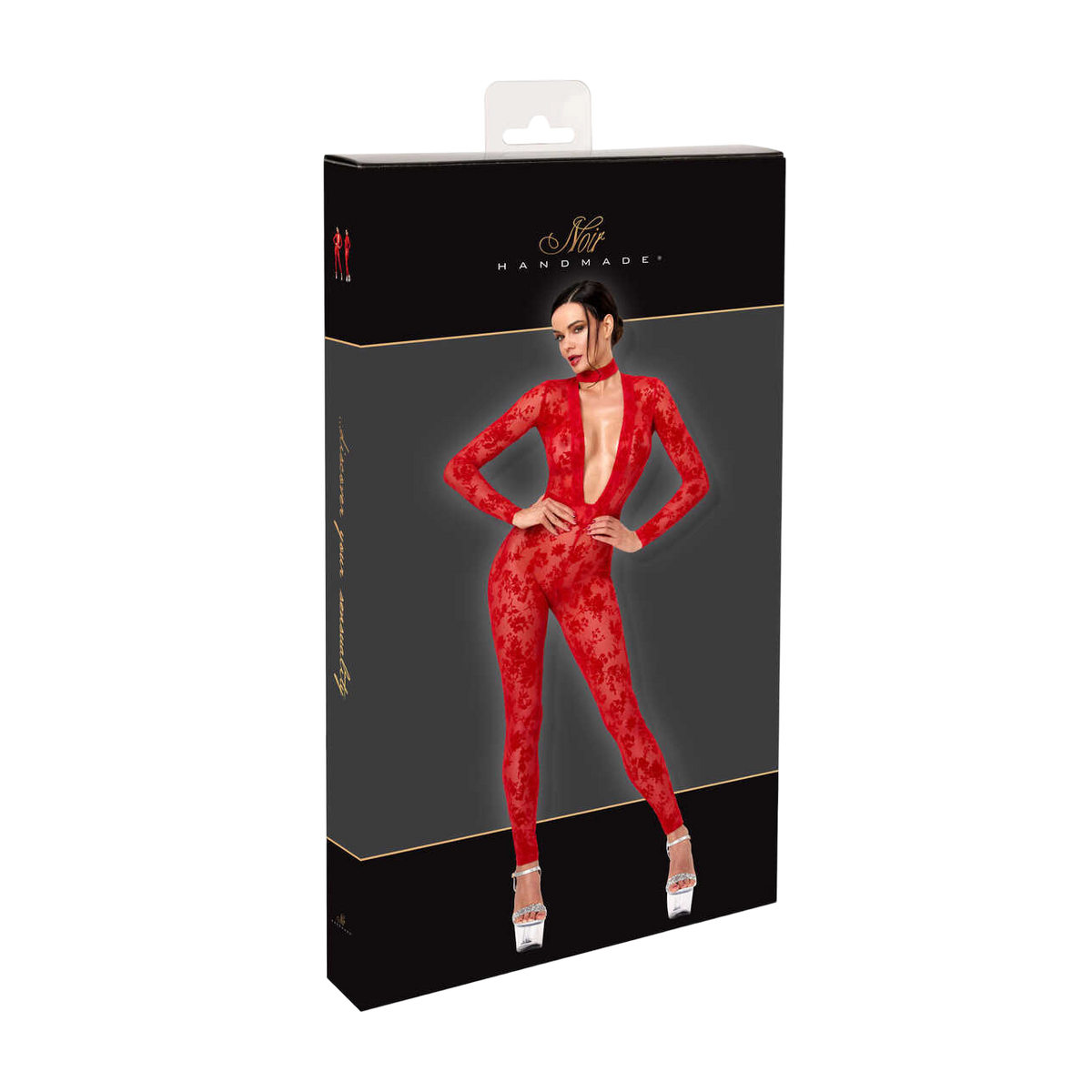 Boite noire Noir Handmade illustrant la combinaison rouge en tulle floque transparent a decollete plongeant - Oh My God'Z