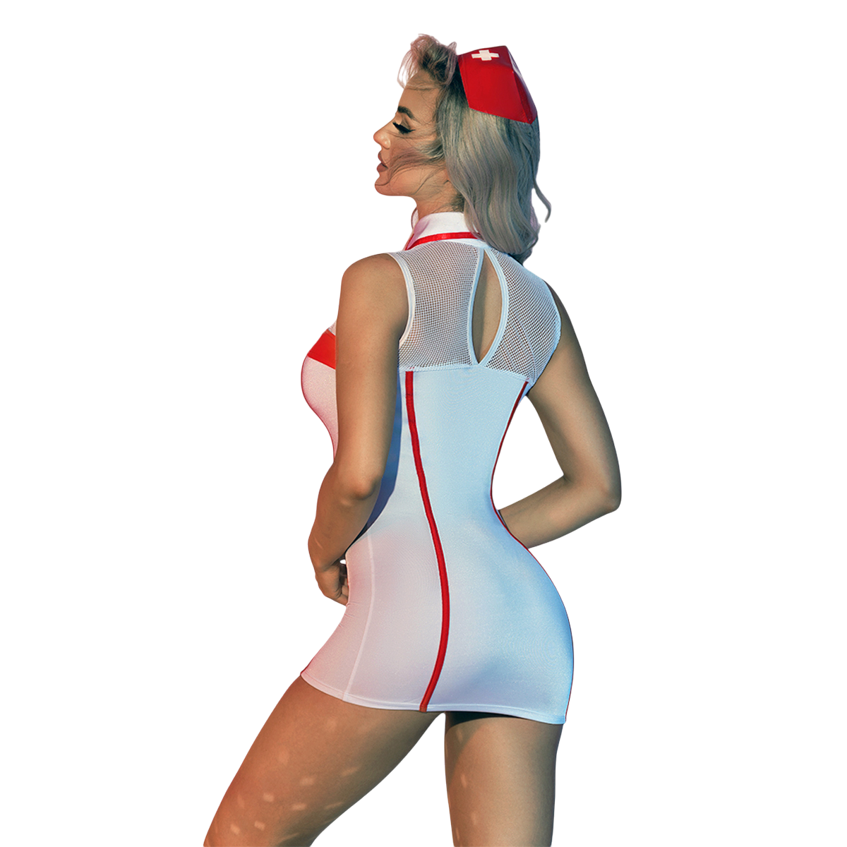 Vue de dos du costume infirmiere sexy, robe courte blanche moulante, liseres rouges et empiecement resille - Oh My God'Z