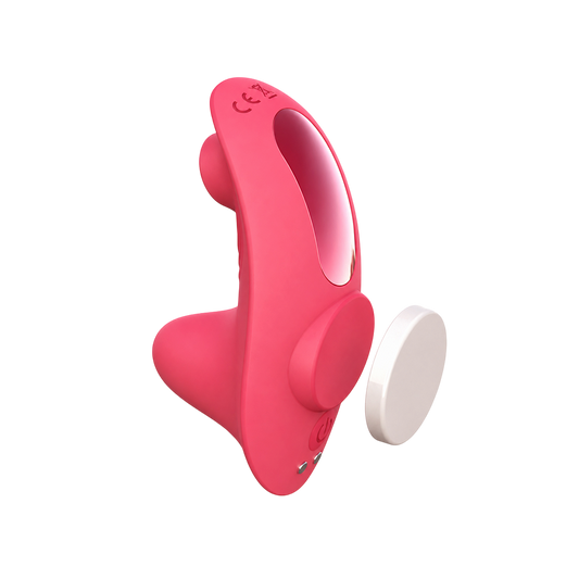 Stimulateur Secret Pulse DIK rose en silicone vu de profil avec bouton de commande et telecommande blanche - Oh My God'Z