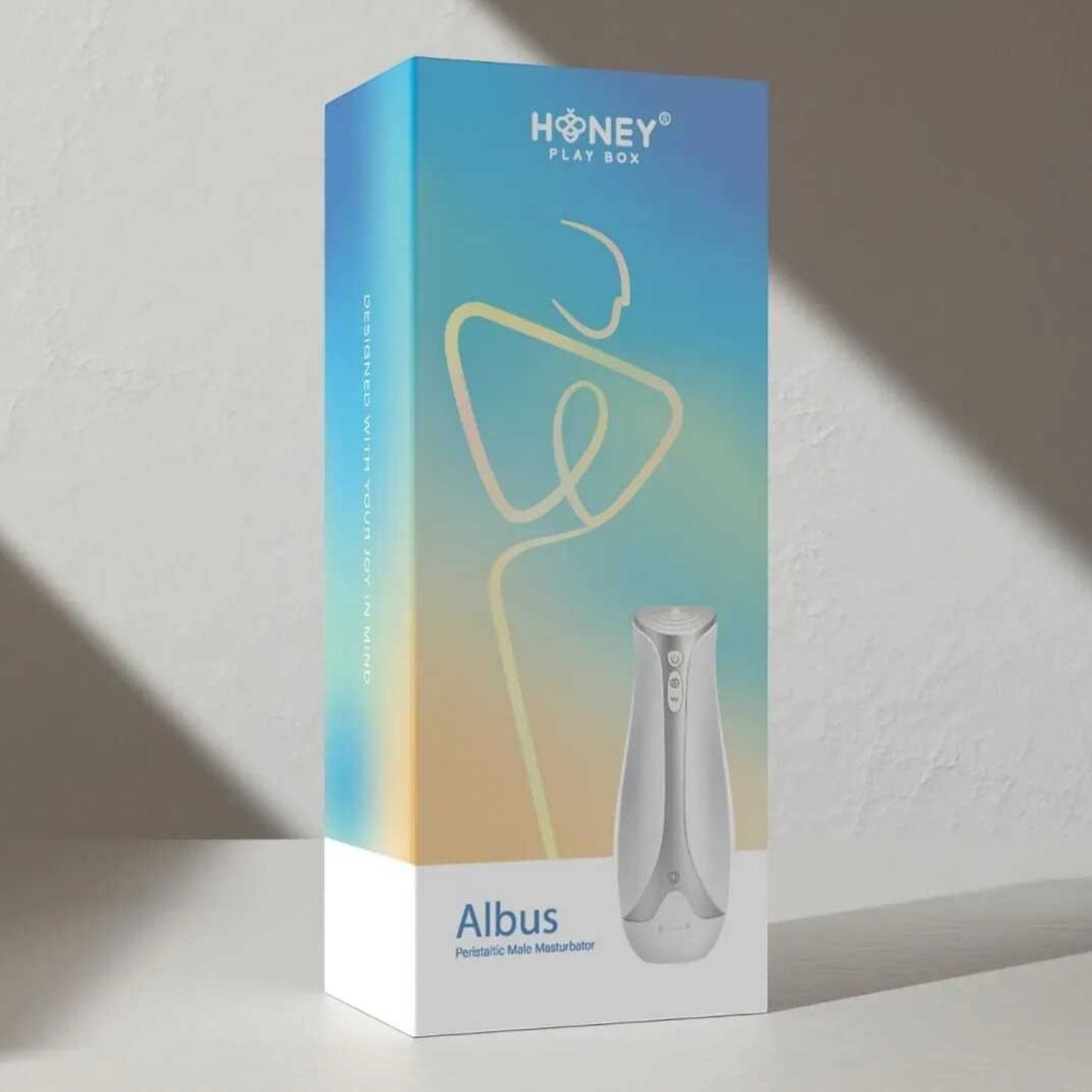 Emballage Honey Play Box masturbateur Albus bleu dégradé posé avec ombre portée élégante - Oh My God'Z