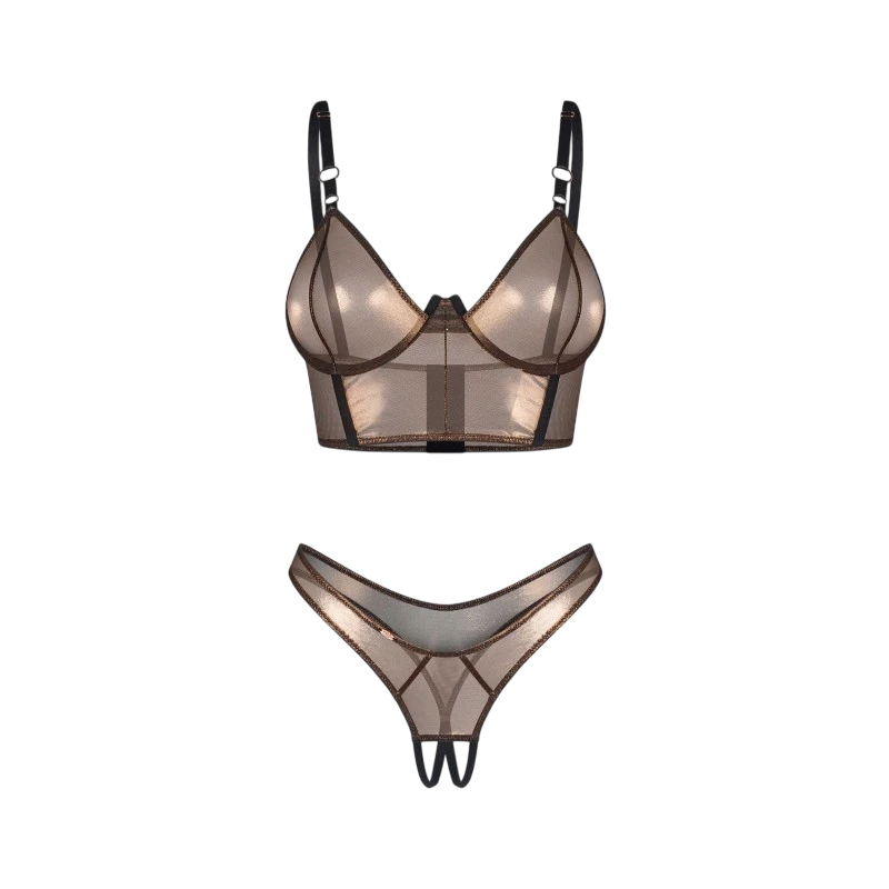 Détail plat ensemble Soranna : top doré transparent à armatures et string ouvert sur fond blanc - Oh My God'Z