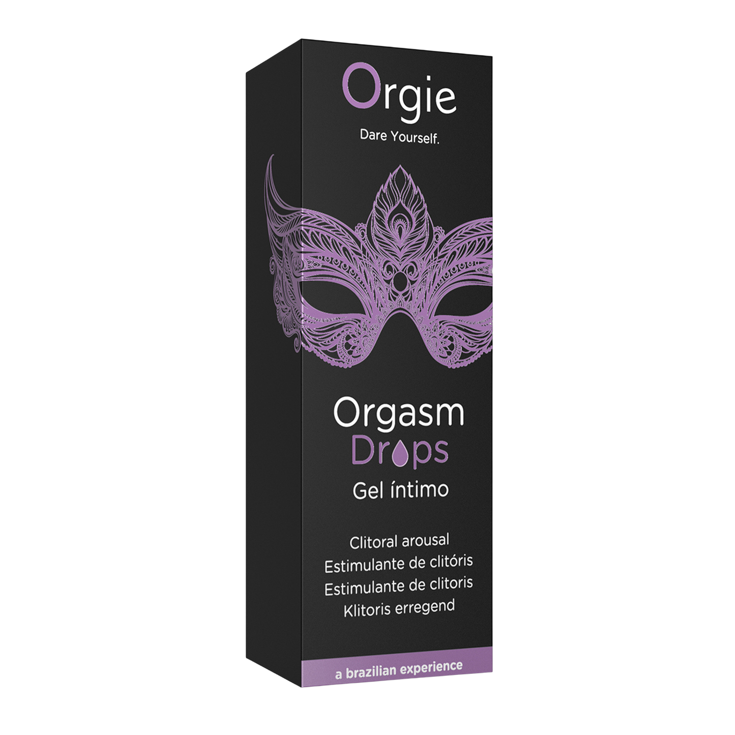 Flacon Gel Excitant Clitoris Orgasm Drops 30ml avec masque vénitien violet sur emballage noir Orgie - Oh My God'Z