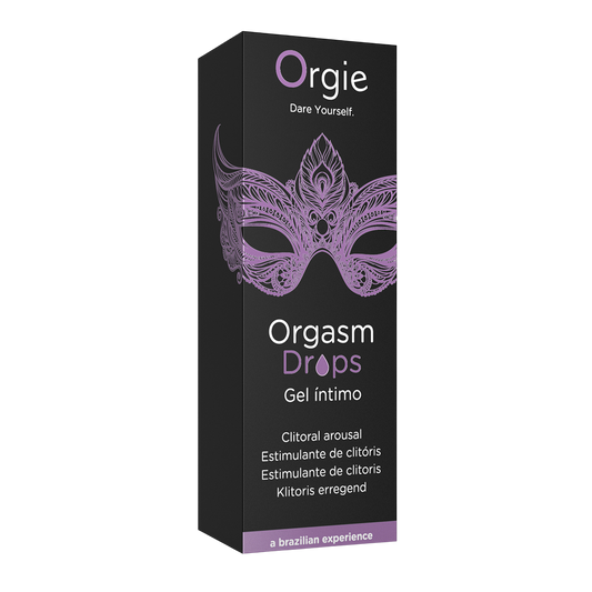 Flacon Gel Excitant Clitoris Orgasm Drops 30ml avec masque vénitien violet sur emballage noir Orgie - Oh My God'Z