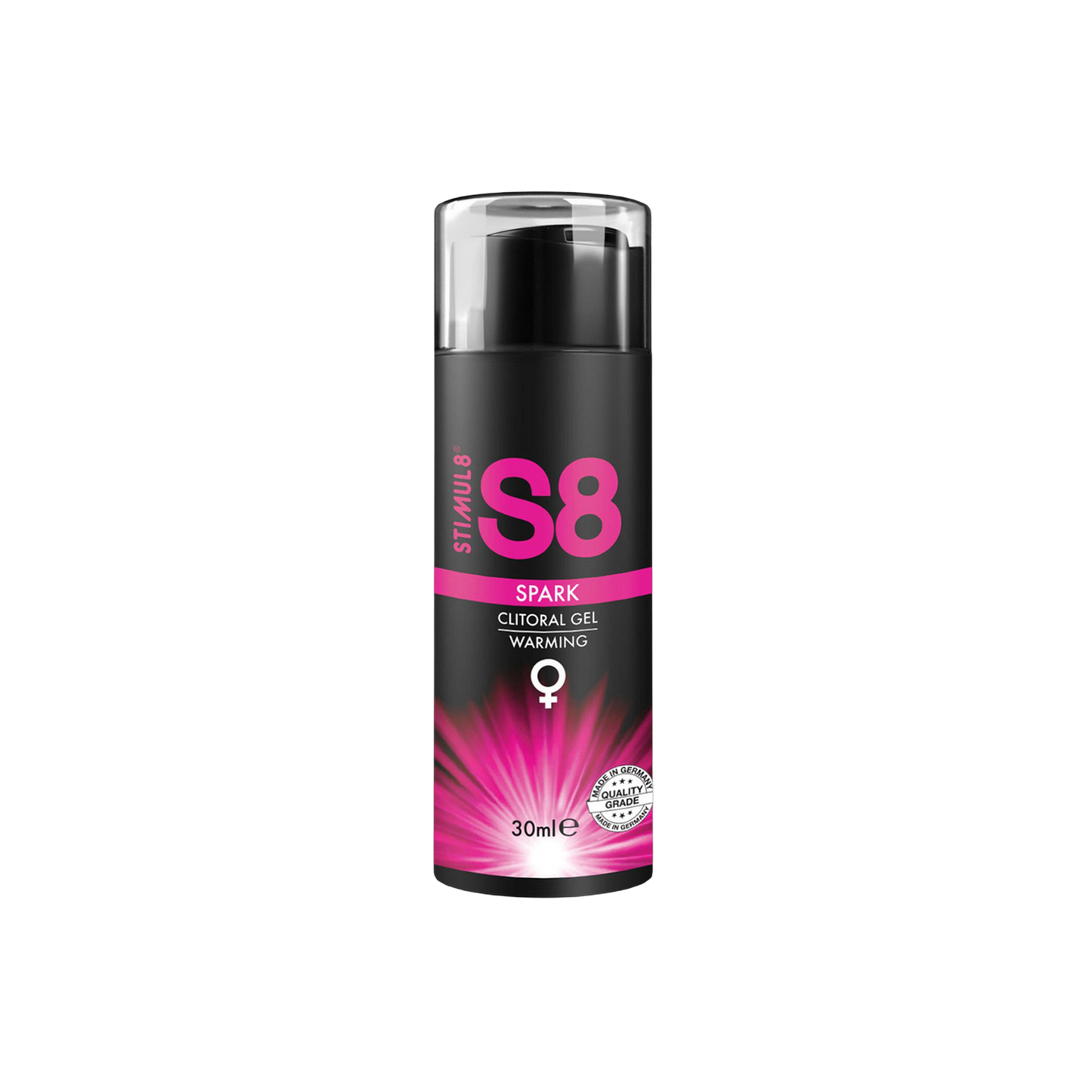 Flacon pompe noir et rose du gel stimulant clitoridien chauffant Spark 30ml par Stimul8 - Oh My God'Z