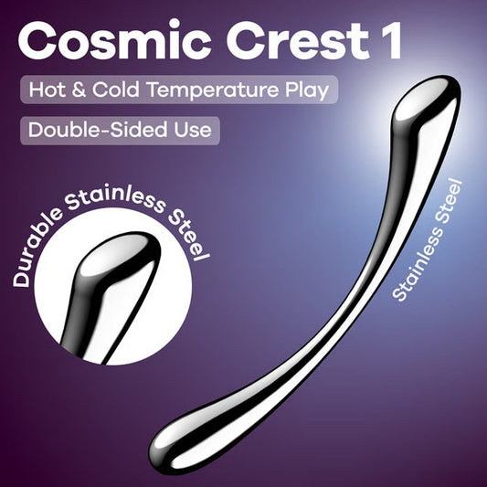 Gode Cosmic Crest 1 en acier inoxydable argenté avec design réversible sur fond dégradé violet - Oh My God'Z