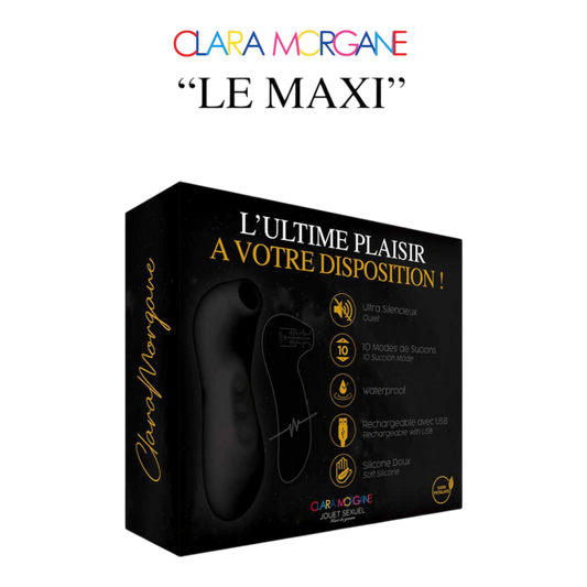 Packaging Le Maxi stimulateur clitoridien Clara Morgane, boîte noire avec inscription dorée - Oh My God'Z
