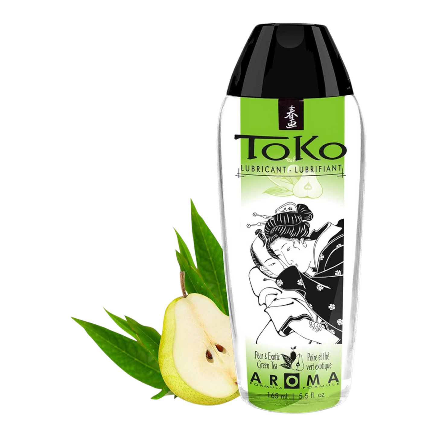 Lubrifiant lêchable Toko poire thé vert 165ml, flacon transparent avec étiquette verte et noire - Oh My God'Z