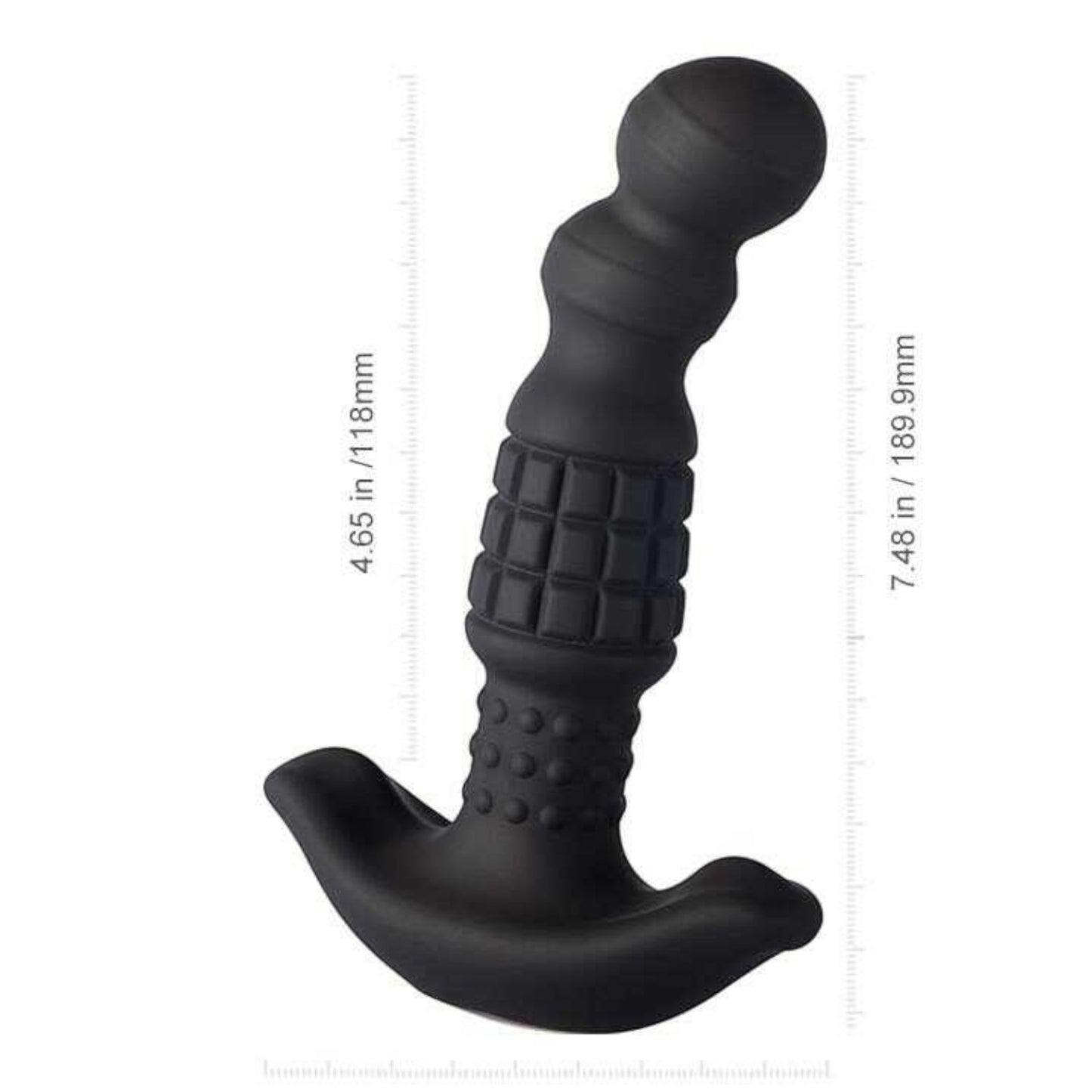 Masseur prostatique noir avec mesures: longueur totale 189mm, longueur insertable 118mm, largeur 45mm - Oh My God'Z