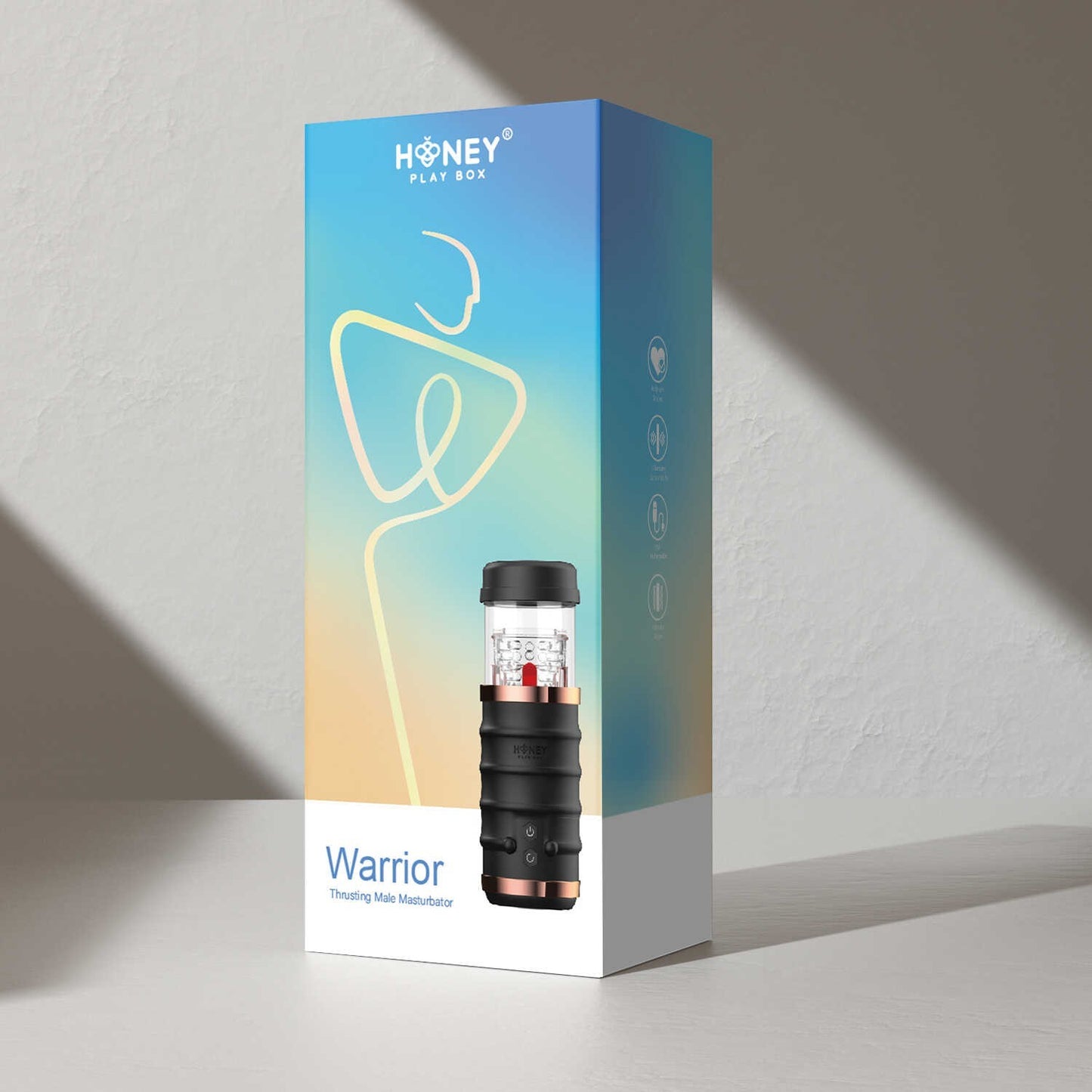 Packaging du masturbateur Warrior Honey Play Box avec dégradé bleu et jaune, produit visible en fenêtre - Oh My God'Z
