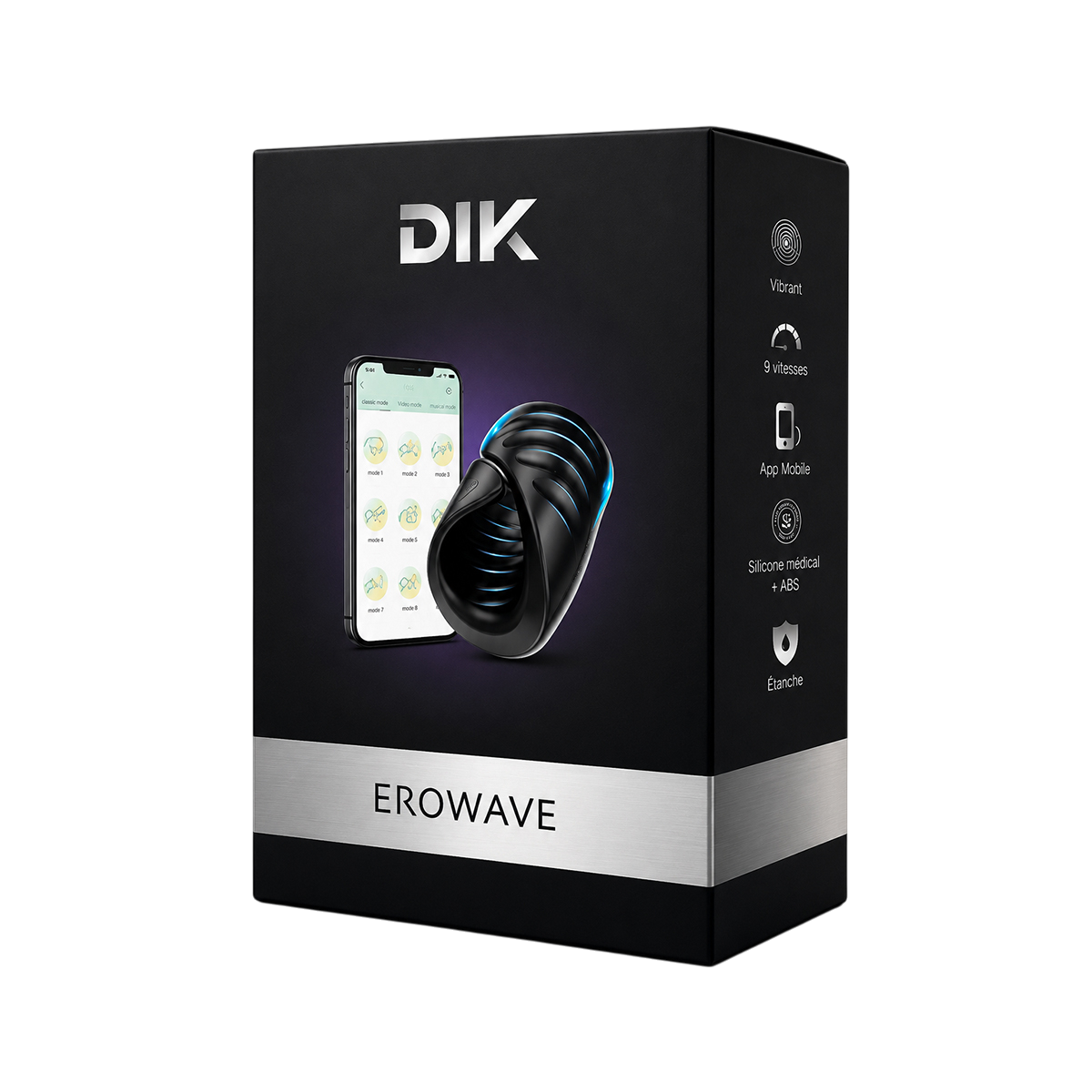 Boite noire du masturbateur masculin connecte Erowave DIK, gaine noire en silicone et application mobile - Oh My God'Z