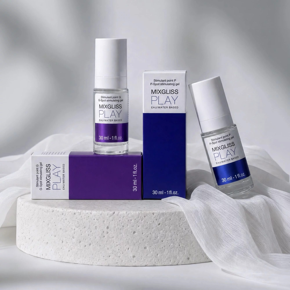 Gels stimulants Mixgliss Play point G violet et point P bleu 30 ml, flacons verre et etuis cartonnes - Oh My God'Z