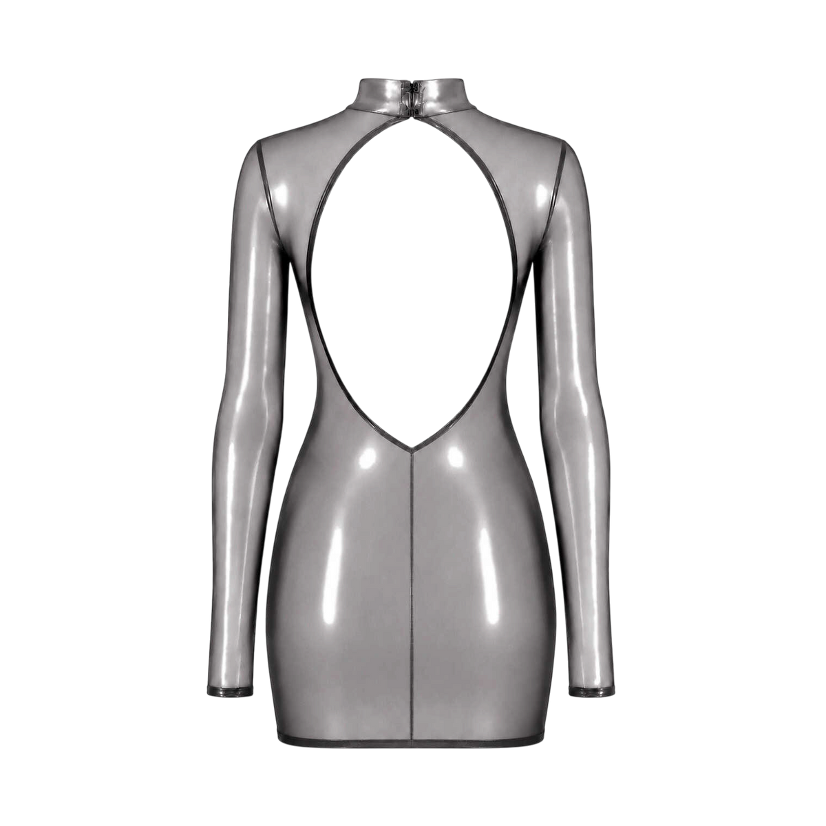 Dos de la robe courte argentee effet latex : decoupe dos nu goutte et col montant ferme par zip - Oh My God'Z