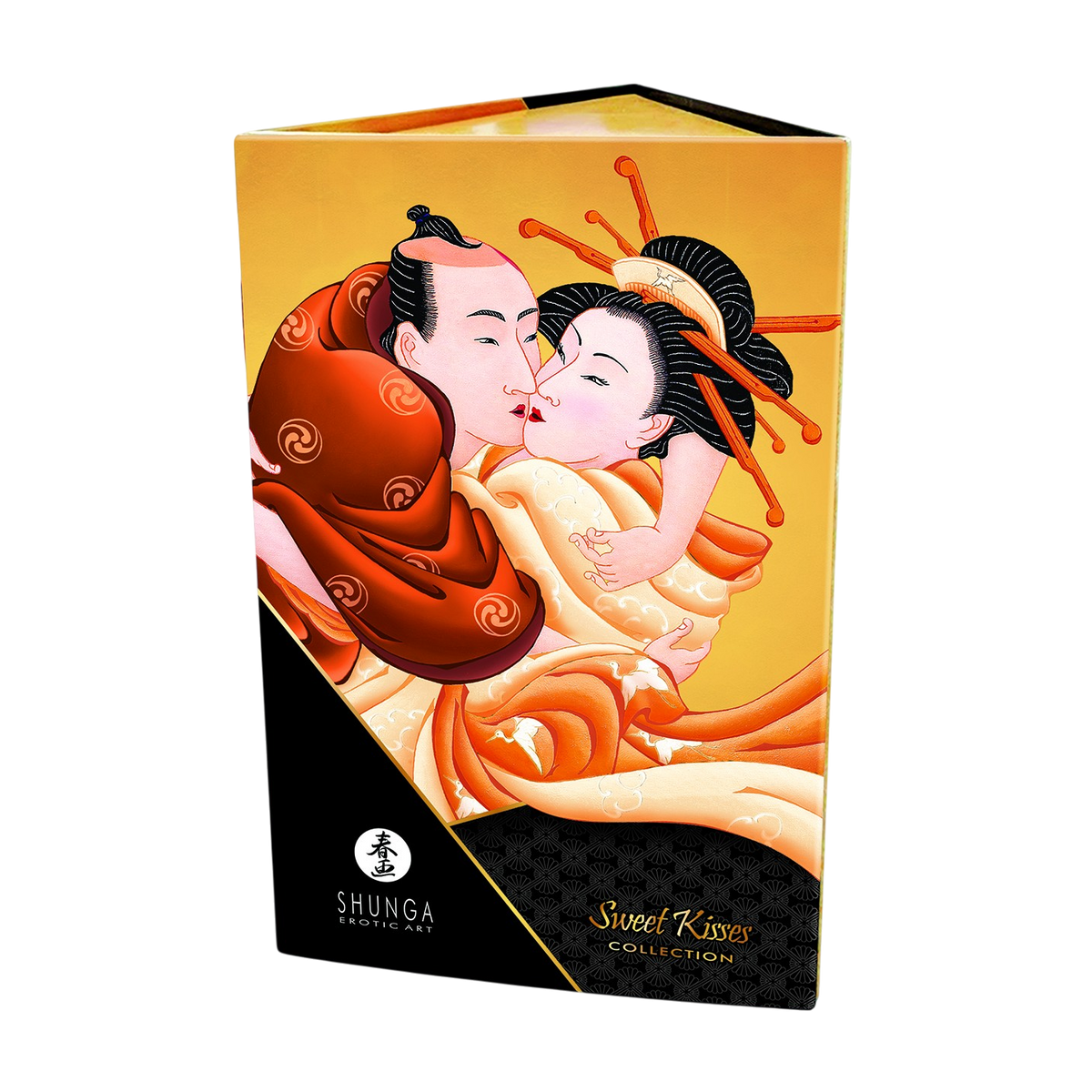 Boite cadeau Shunga Sweet Kisses Collection, coffret triangulaire orange illustre d'un couple enlace - Oh My God'Z
