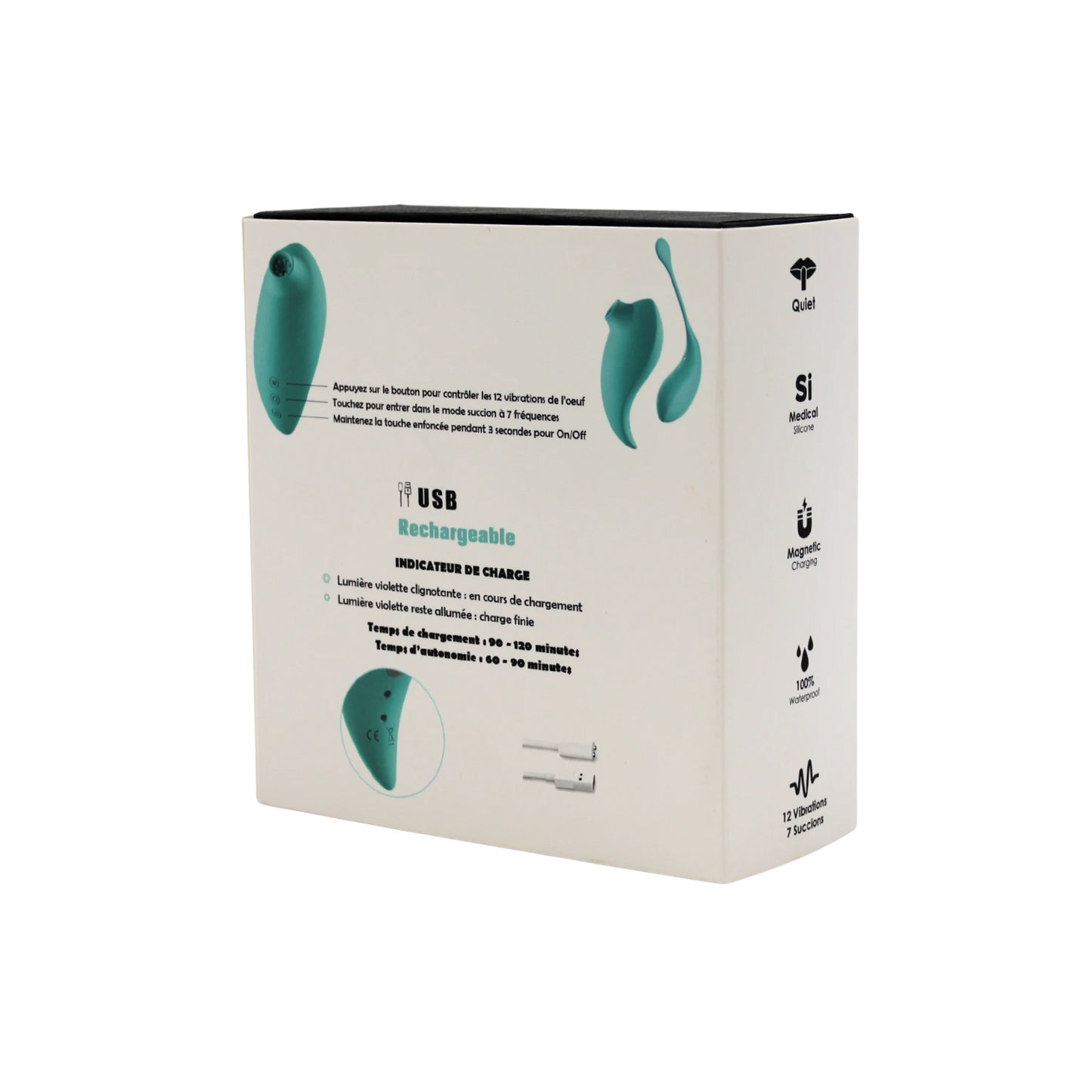 Informations techniques boite rechargeable USB 12 vibrations 7 succions waterproof turquoise - Oh My God'Z
