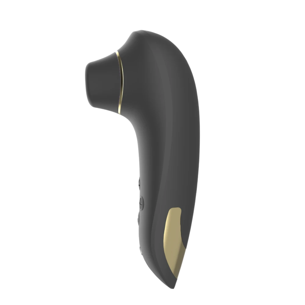 Stimulateur clitoridien Deluxe noir Mary vue de profil gauche, design courbé avec détails dorés - Oh My God'Z