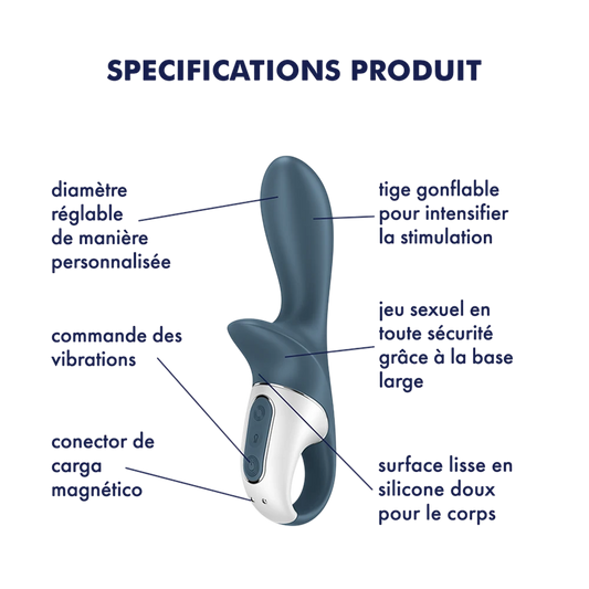 Schéma spécifications vibromasseur gonflable : tige gonflable, commande vibrations, silicone doux - Oh My God'Z