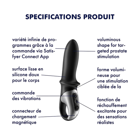 Schema des specifications du vibromasseur chauffant Hot Passion Satisfyer noir en silicone souple - Oh My God'Z