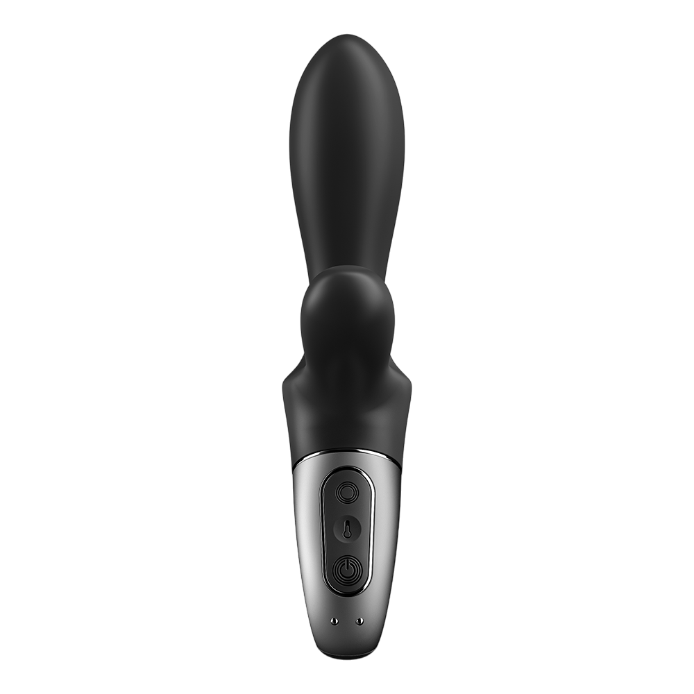 Vibromasseur rabbit Satisfyer noir silicone vu de face, panneau de commande et voyants de charge - Oh My God'Z
