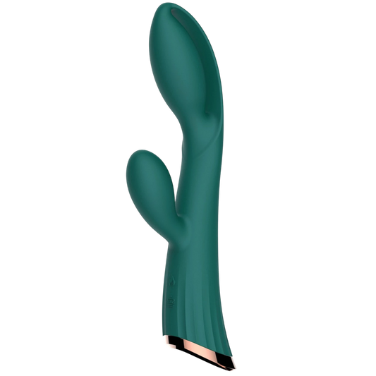 Vue latérale du vibromasseur double stimulation vert avec base cuivrée et silicone médical - Oh My God'Z