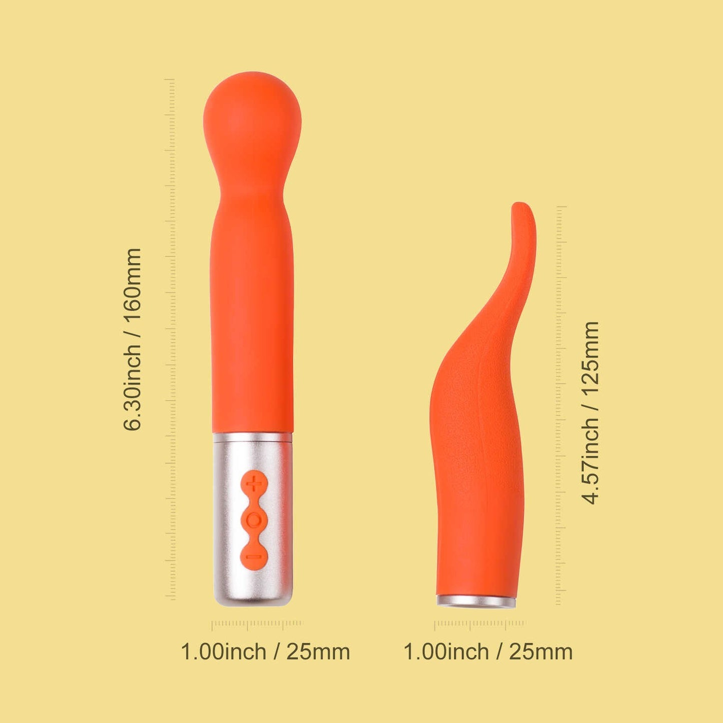 Dimensions des vibromasseurs orange: 160mm et 125mm de longueur, 25mm de diamètre sur fond jaune - Oh My God'Z