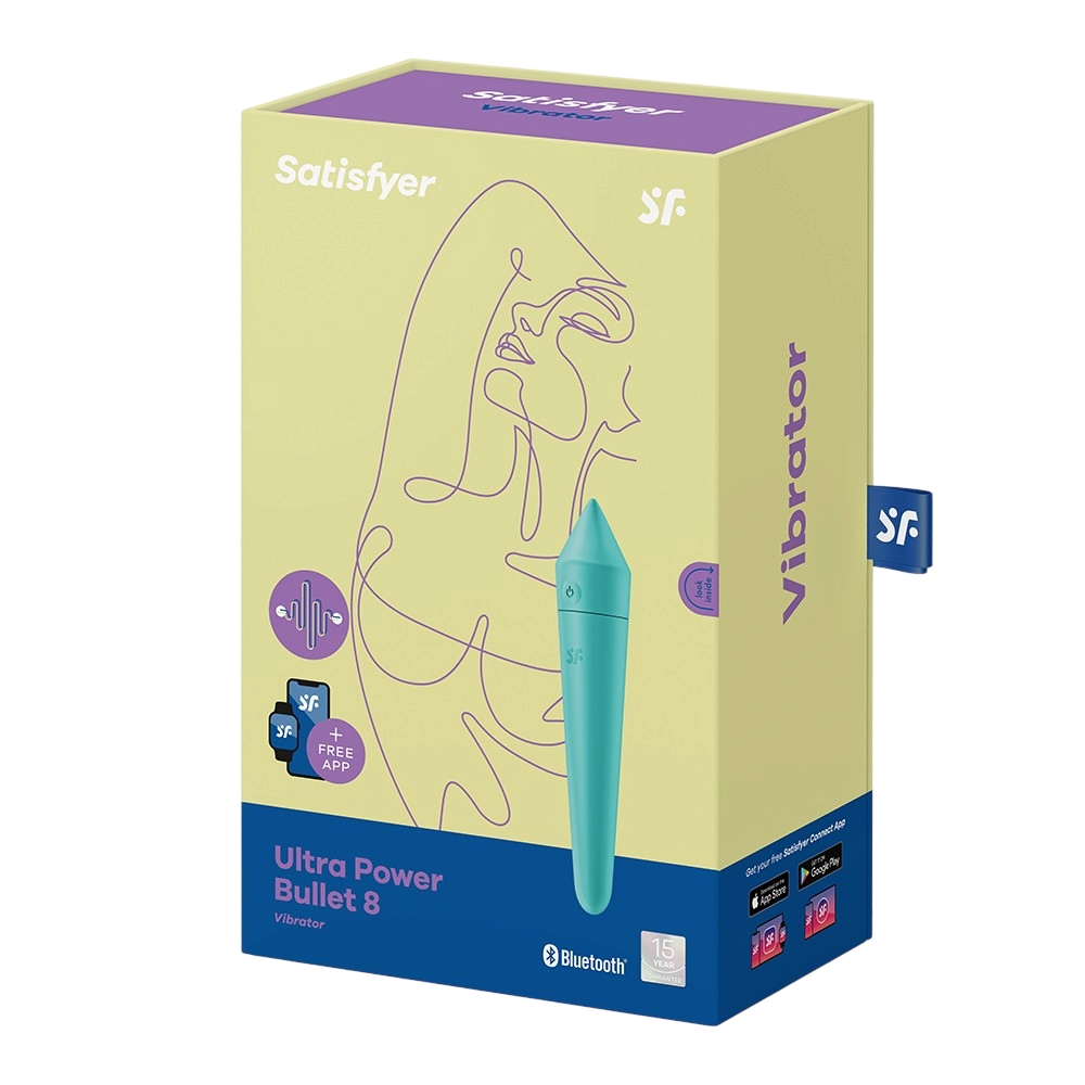 Boite du vibromasseur connecte Bluetooth Ultra Power Bullet 8 Satisfyer turquoise, emballage jaune - Oh My God'Z