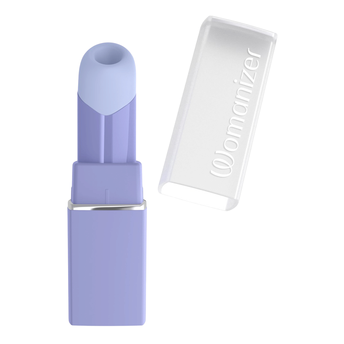 Womanizer Beauty violet vue de face, tete aspirante en silicone bleu et capuchon transparent pose - Oh My God'Z