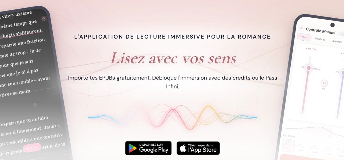 Application Ember Read sur smartphone : lecture immersive de romance, l'intensité du sextoy connecté suit le texte