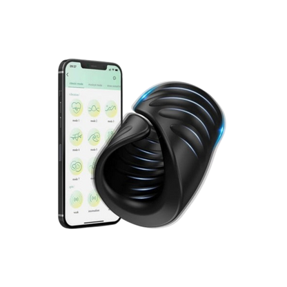 Masturbateur masculin connecté Erowave noir en silicone par Oh My God'Z avec interface de contrôle sur smartphone