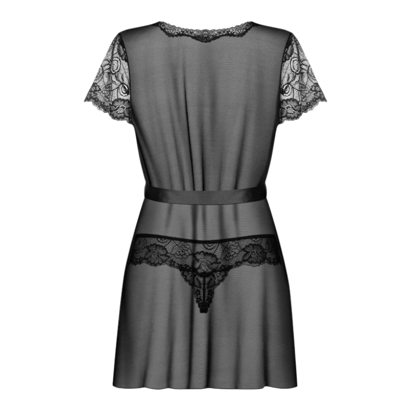 Peignoir déshabillé Alluria noir vue arrière à plat, tissu transparent, string dentelle assorti inclus - Oh My God'Z