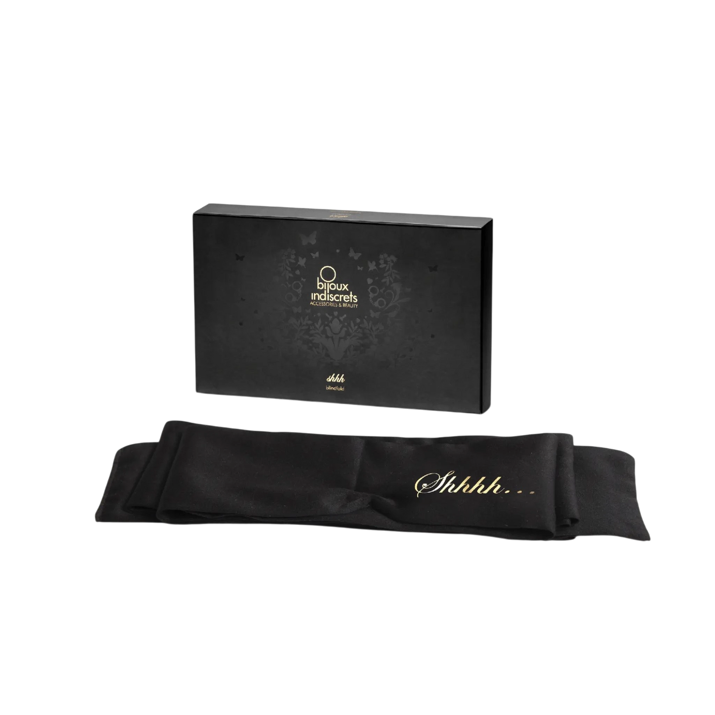 Élégant bandeau en satin noir Shhh de Bijoux Indiscrets dans son emballage raffiné, invitation à la complicité sensuelle chez Oh My God'Z