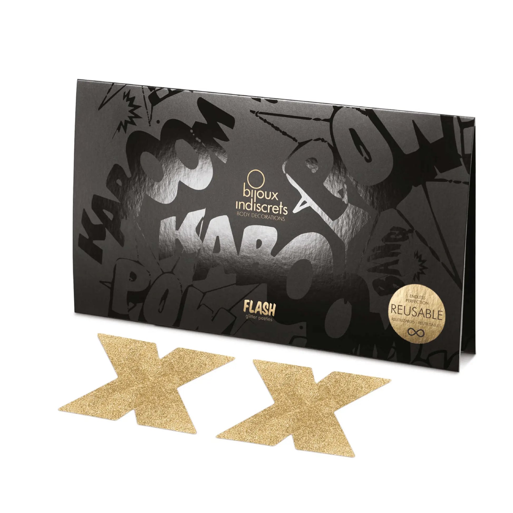 Packaging tendance des Bijoux de seins Flash Croix Or de Bijoux Indiscrets, réutilisables pour sublimer la poitrine, proposés par Oh My God'Z.