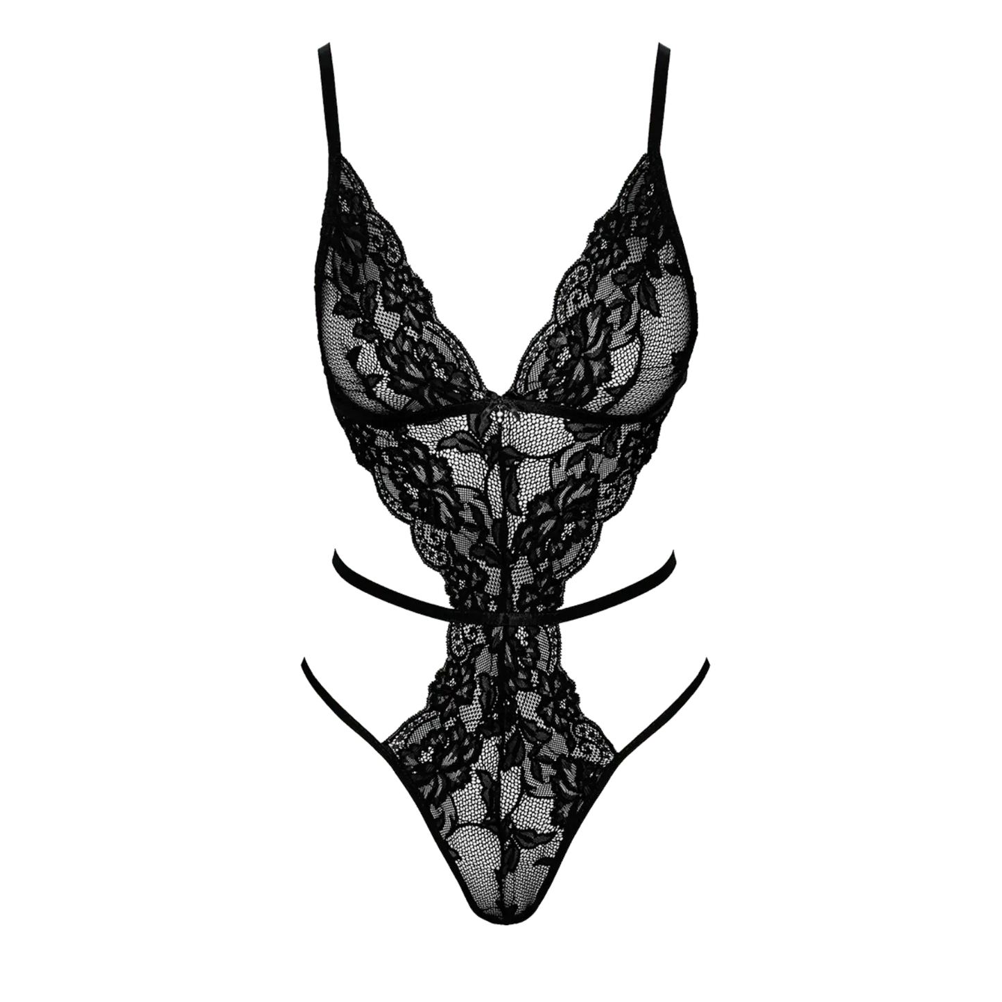 Body en dentelle noire "French Kiss 241" de Kissable : design en V plongeant et lanières sensuelles pour un effet ultra glamour. Disponible chez Oh My God'Z.