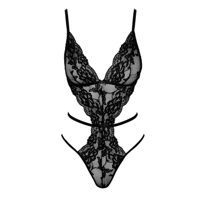 Body en dentelle noire "French Kiss 241" de Kissable : design en V plongeant et lanières sensuelles pour un effet ultra glamour. Disponible chez Oh My God'Z.