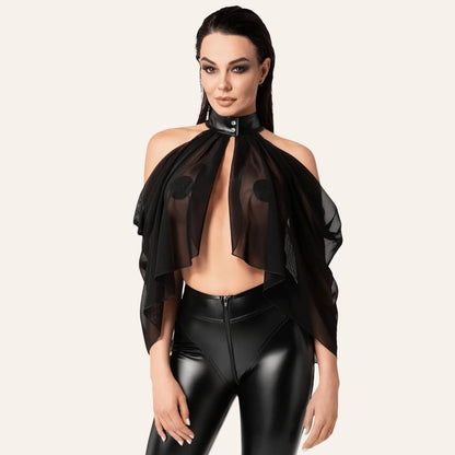 Bolero Opium F349 porté par un modèle, avec vue de face mettant en valeur la transparence du tulle et le col fétiche en vinyle, une création exclusive d’Oh My God'Z pensée pour compléter une expérience érotique haut de gamme avec sextoys de luxe.