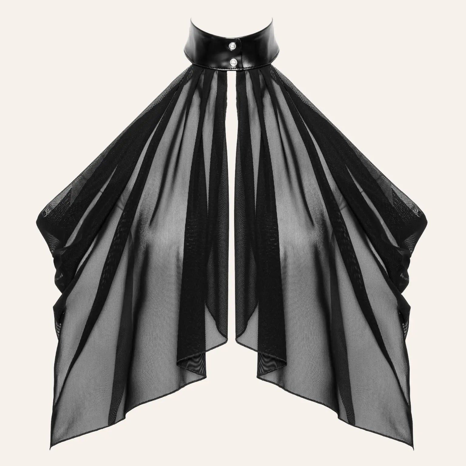 Vue de face du Bolero Opium F349 en tulle noir transparent signé Oh My God'Z, pièce de lingerie sensuelle haut de gamme idéale pour sublimer une tenue fétichiste ou BDSM chic, disponible dans la collection de sextoys et vêtements érotiques de luxe.