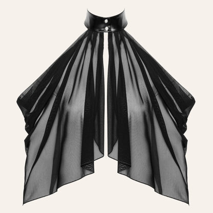 Vue de face du Bolero Opium F349 en tulle noir transparent signé Oh My God'Z, pièce de lingerie sensuelle haut de gamme idéale pour sublimer une tenue fétichiste ou BDSM chic, disponible dans la collection de sextoys et vêtements érotiques de luxe.