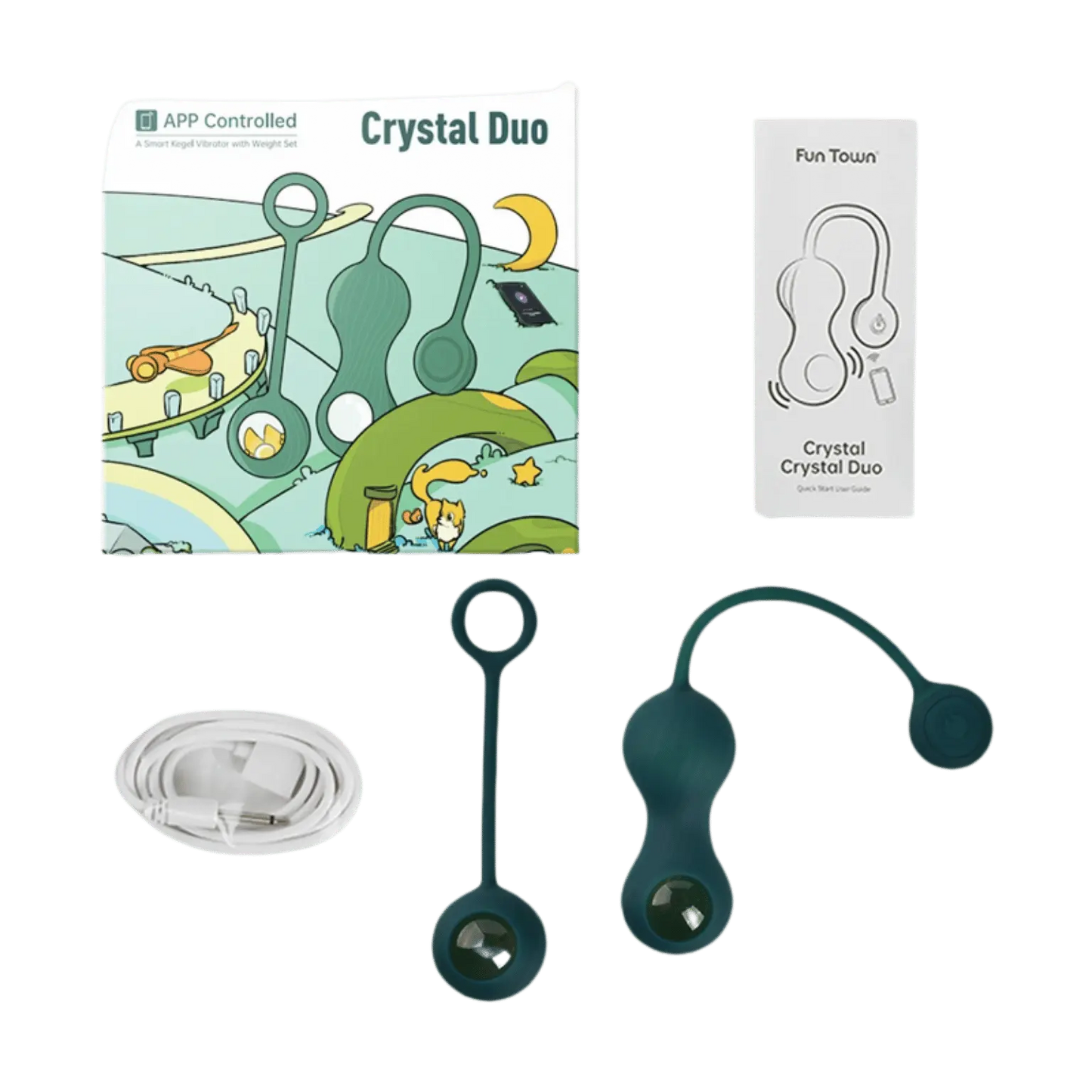 Packaging des boules de Kegel vibrantes connectées Crystal Duo, disponible chez Oh My God'Z, incluant un set complet pour des exercices pelviens connectés, contrôlés via une application mobile pour des résultats optimaux.