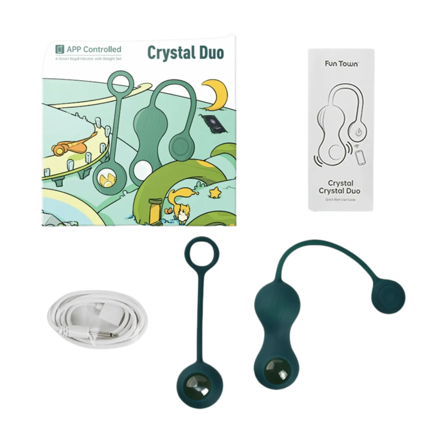 Packaging des boules de Kegel vibrantes connectées Crystal Duo, disponible chez Oh My God'Z, incluant un set complet pour des exercices pelviens connectés, contrôlés via une application mobile pour des résultats optimaux.