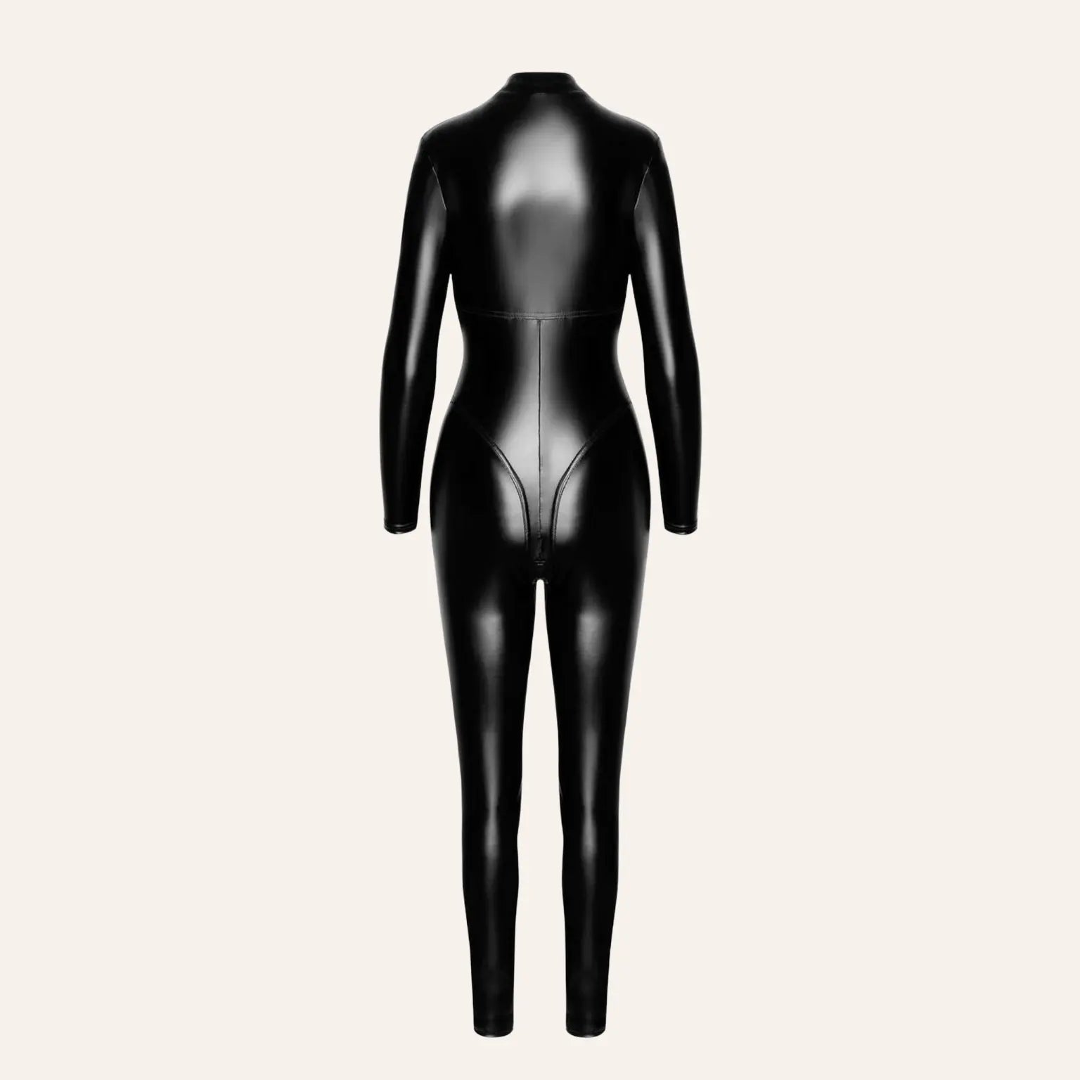 Combinaison intégrale noire effet cuir brillant vue de dos, modèle Chimeria F331 de la boutique Oh My God'Z, parfaite pour sublimer l’expérience sensuelle avec sextoys de luxe.
