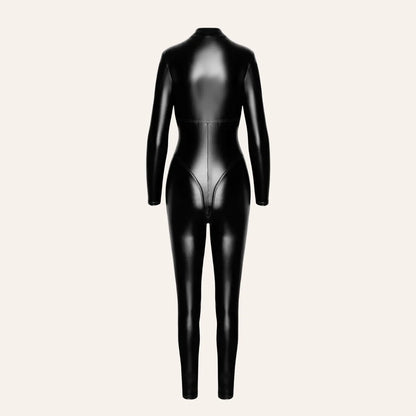 Combinaison intégrale noire effet cuir brillant vue de dos, modèle Chimeria F331 de la boutique Oh My God'Z, parfaite pour sublimer l’expérience sensuelle avec sextoys de luxe.