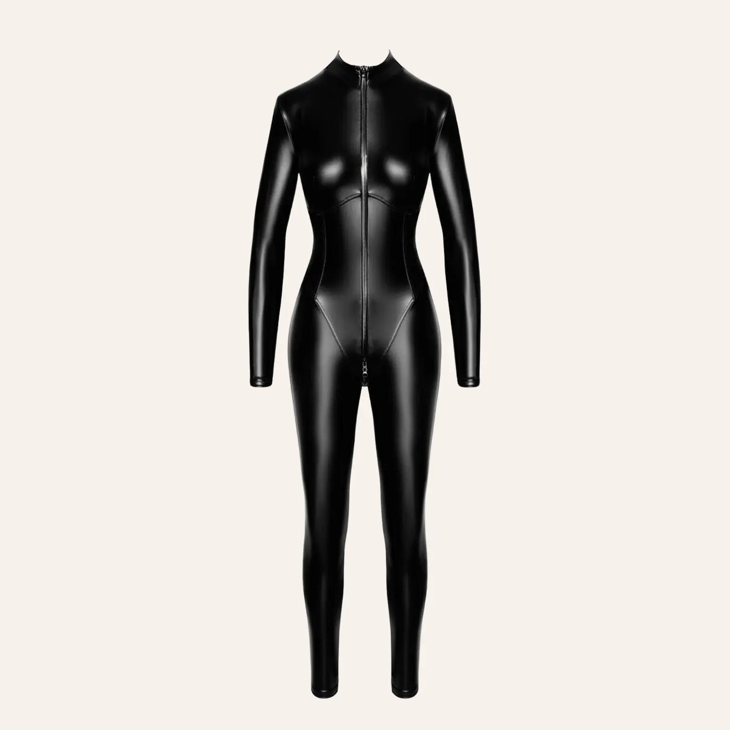 Combinaison fétichiste noire en wetlook avec fermeture zippée intégrale, modèle Chimeria F331 proposé par Oh My God'Z, boutique référence en sextoys haut de gamme.