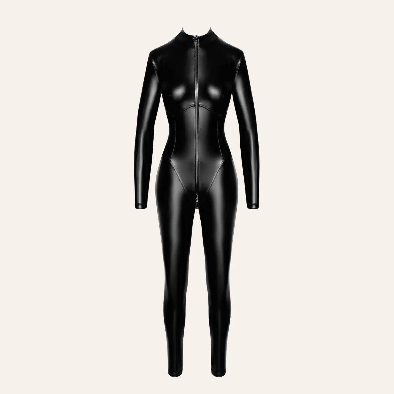 Combinaison fétichiste noire en wetlook avec fermeture zippée intégrale, modèle Chimeria F331 proposé par Oh My God'Z, boutique référence en sextoys haut de gamme.