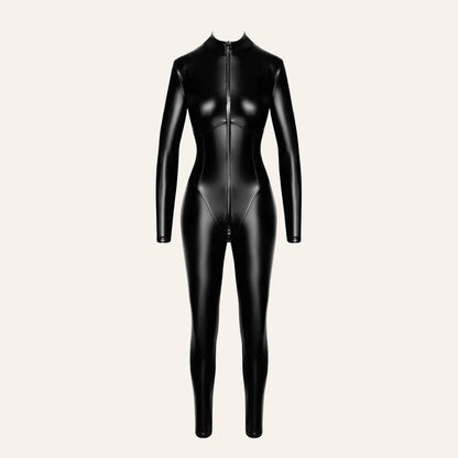 Combinaison fétichiste noire en wetlook avec fermeture zippée intégrale, modèle Chimeria F331 proposé par Oh My God'Z, boutique référence en sextoys haut de gamme.